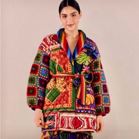 NEW FARM Rio Patchwork Tapestry Crochet Puffer Jacket Tropical Tie Belt Size XL - Picture 2 of 16